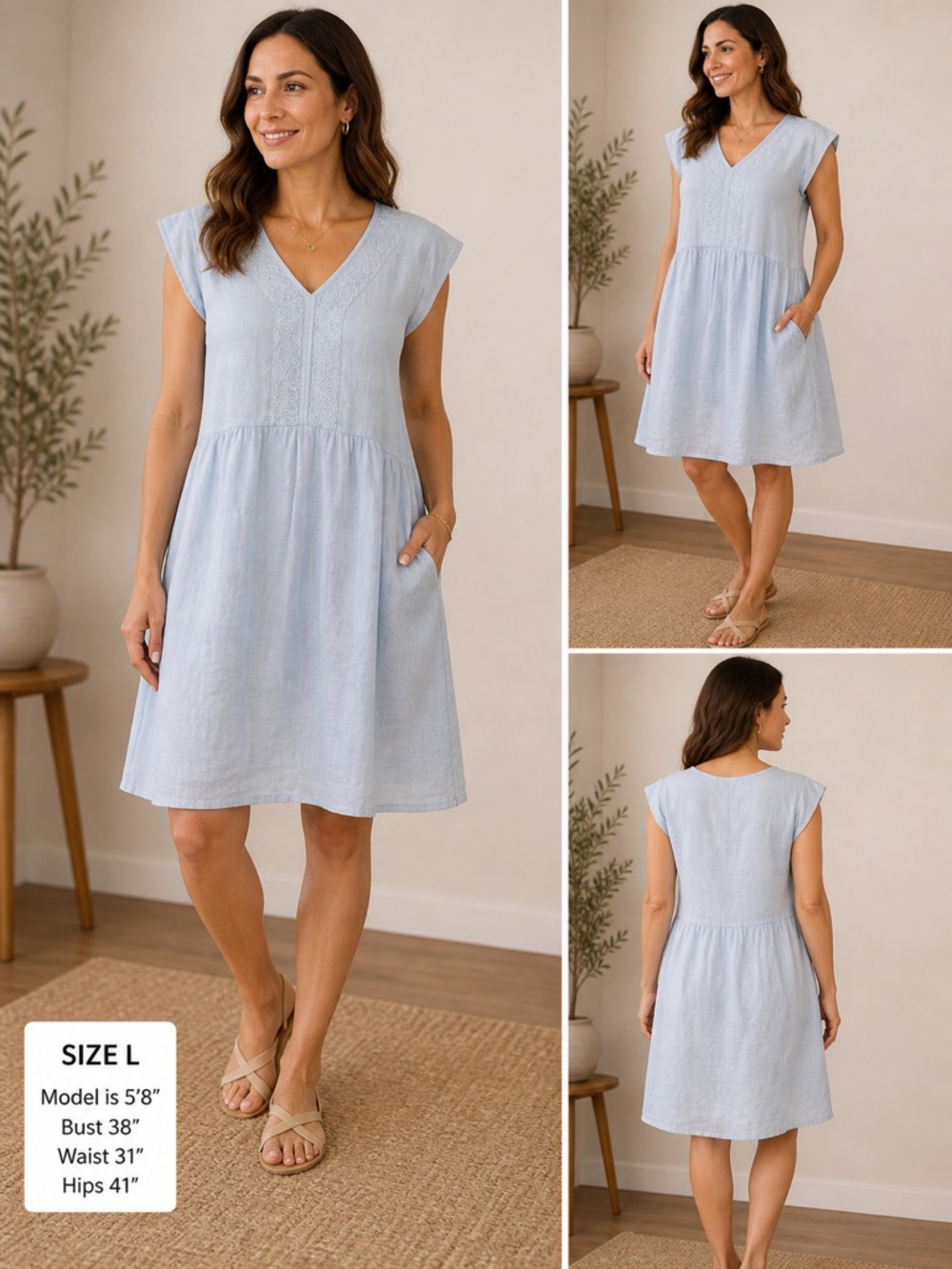 100% Linen Light Blue V-Neck Cap Sleeve Summer Dress